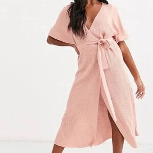 ASOS Wrap Sweater Dress Ribbed Knit Volume Sleeves Blush Rose Pink Side Slits 2